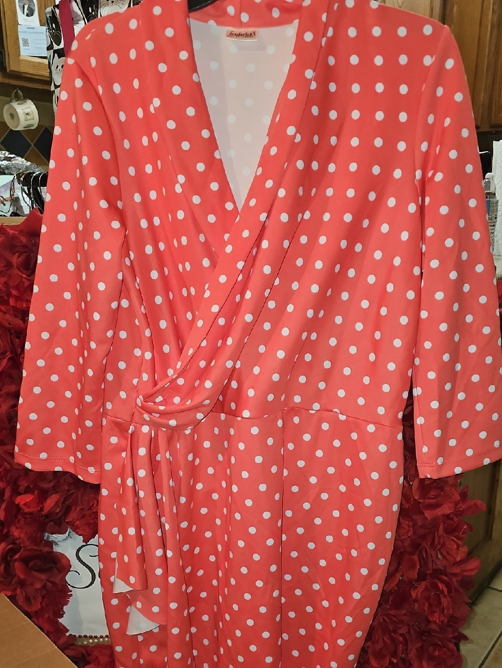 Frederick's of Hollywood Coral Polka Dot Wrap Front Style Dress Size Xlarge